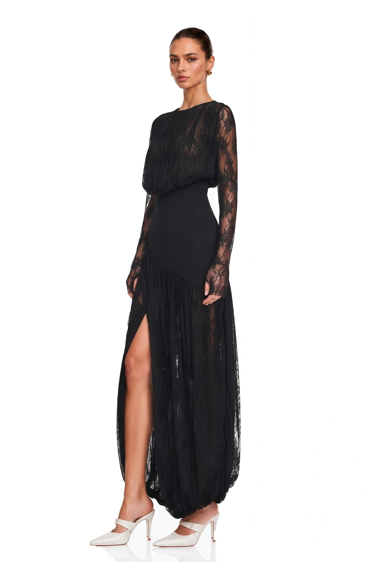 Cressida Black Long Sleeve Lace Maxi Dress with Slit