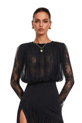 Cressida Black Long Sleeve Lace Maxi Dress with Slit