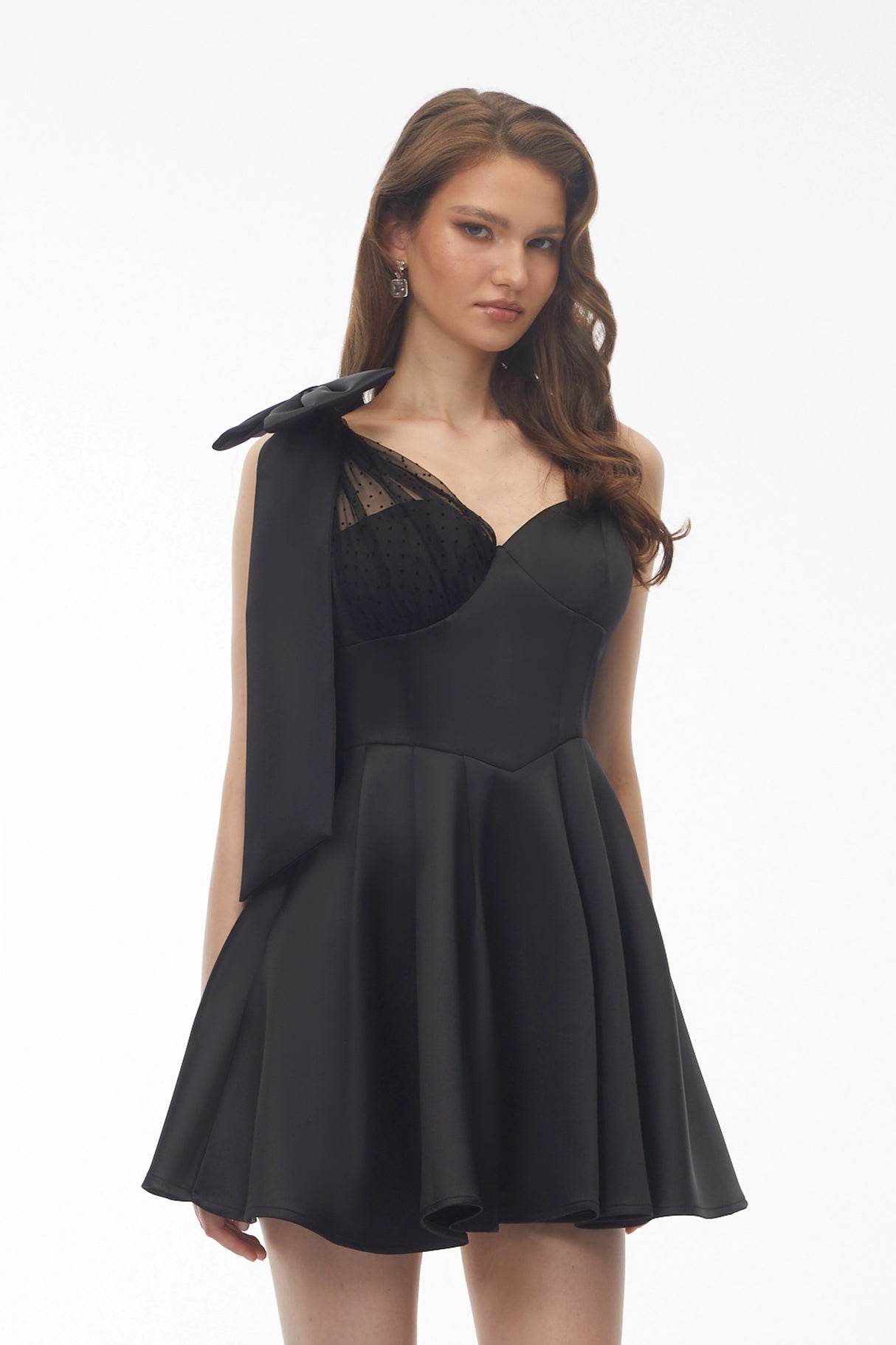 Cressida Black One Shoulder Lace Panel Mini Dress with Bow