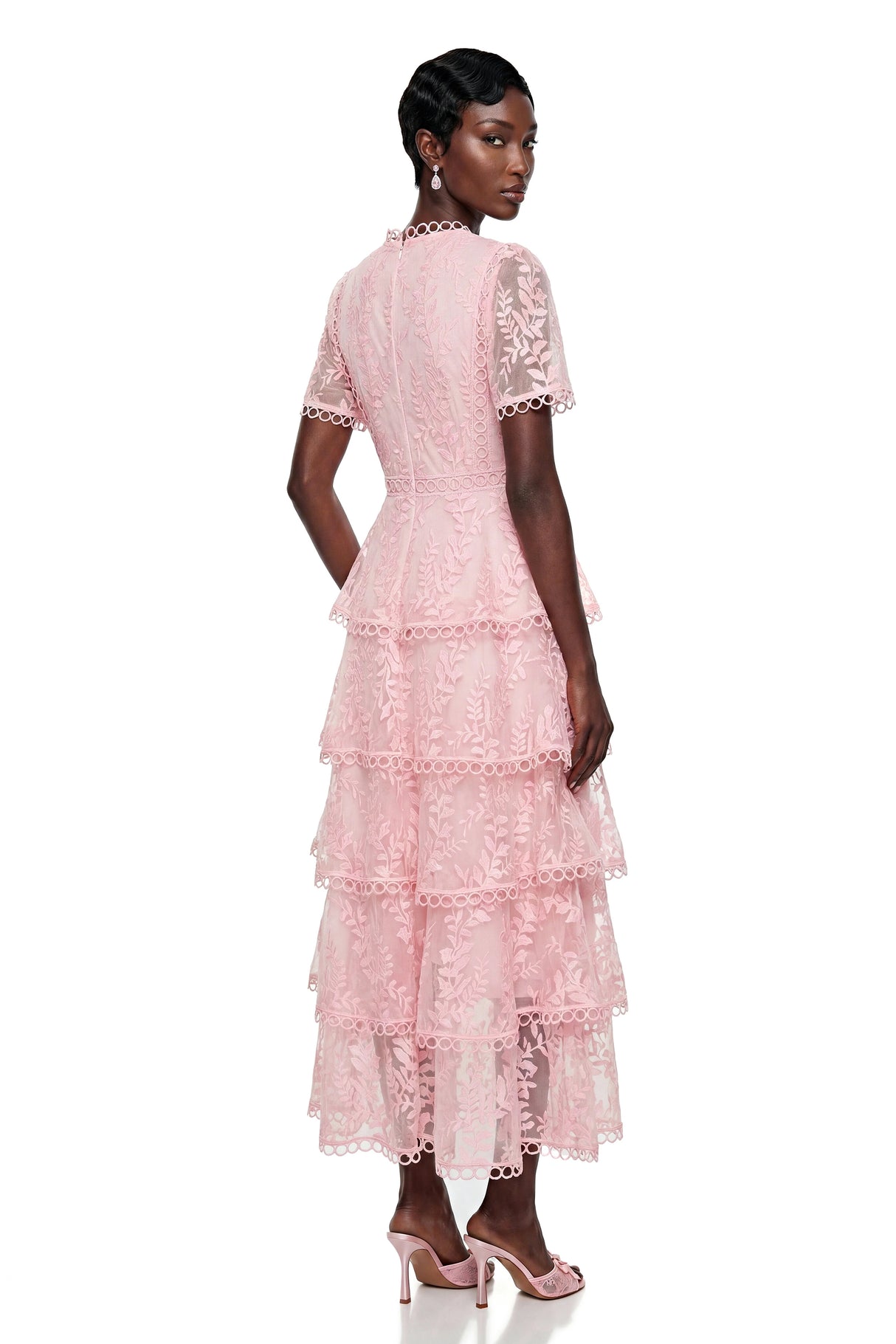 Cressida Pink Floral Embroidered Tiered Maxi Dress
