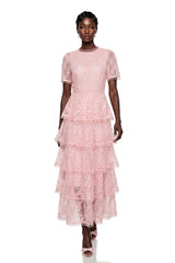 Cressida Pink Floral Embroidered Tiered Maxi Dress