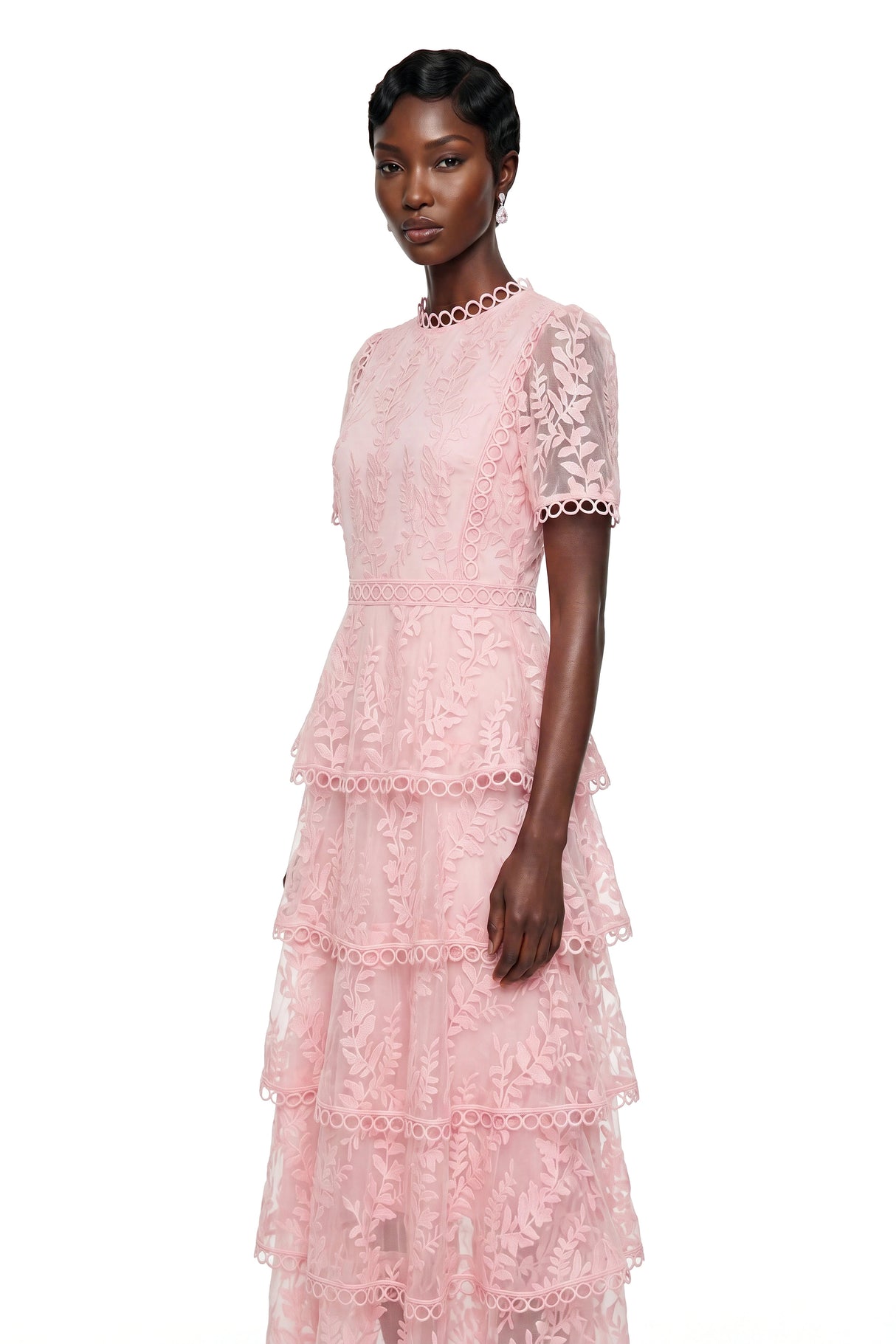 Cressida Pink Floral Embroidered Tiered Maxi Dress
