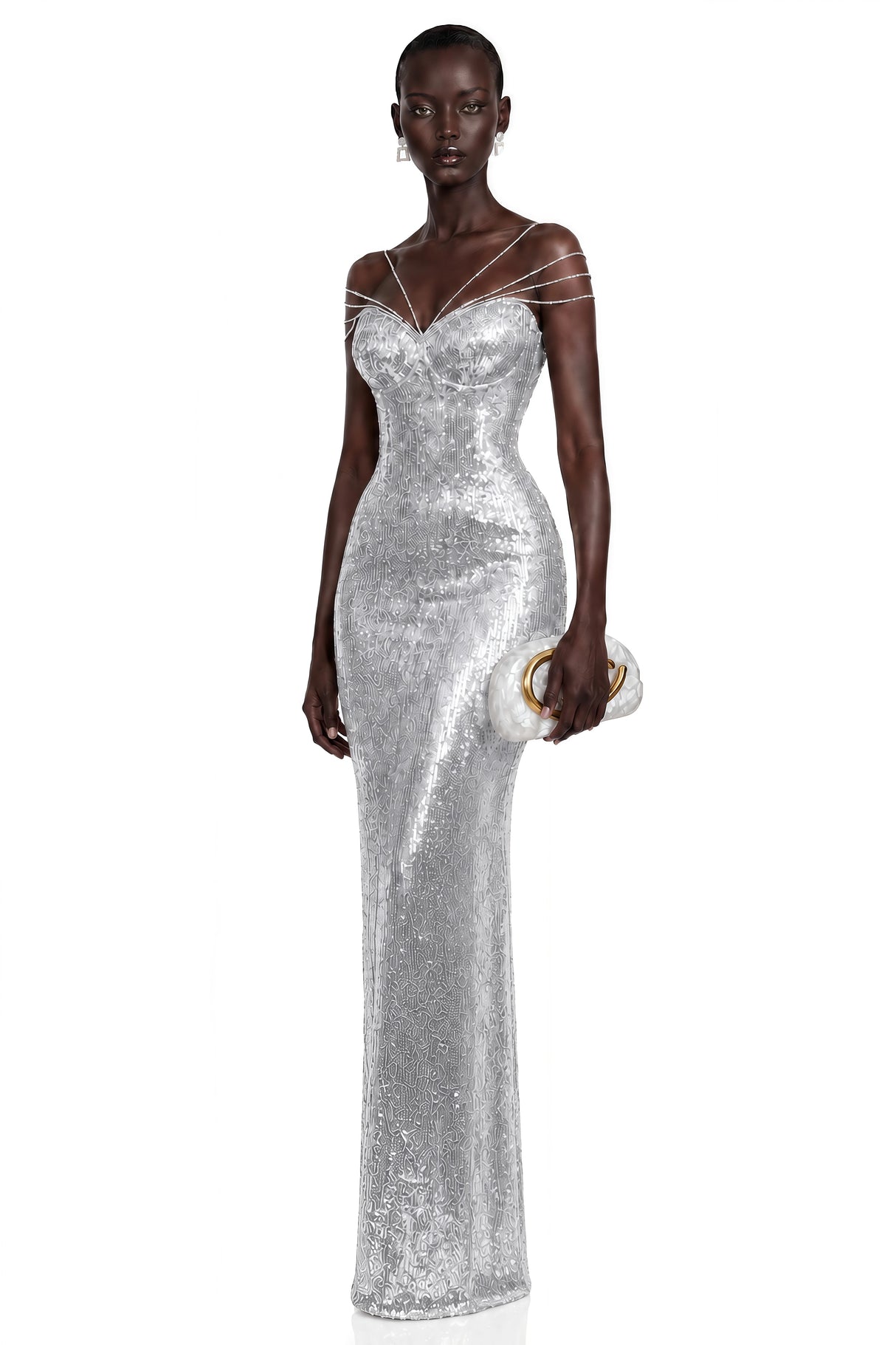 Cressida Silver Sparkly Embellished Maxi Dress