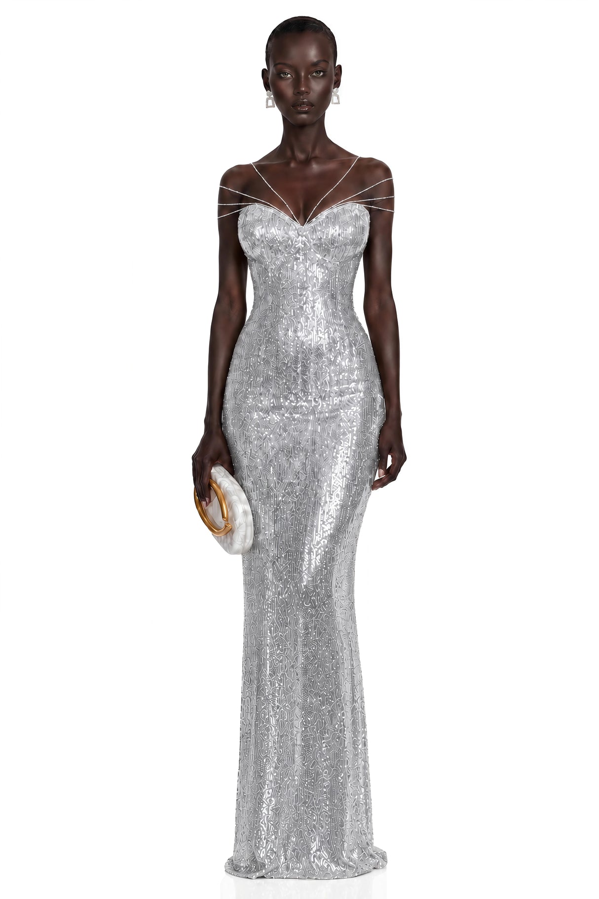 Cressida Silver Sparkly Embellished Maxi Dress