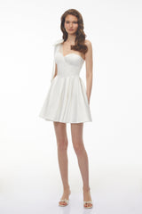 Cressida White One Shoulder Lace Panel Mini Dress with Bow