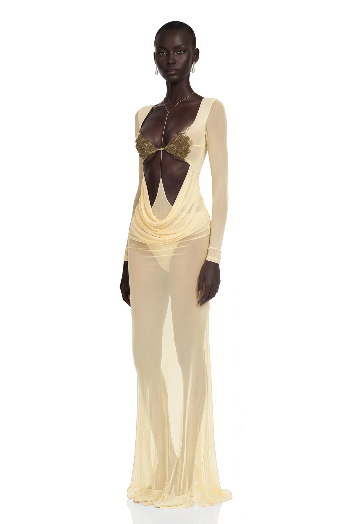 Cressida Yellow CutOut SemiSheer Fishtail Maxi Dress