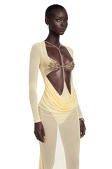 Cressida Yellow CutOut SemiSheer Fishtail Maxi Dress