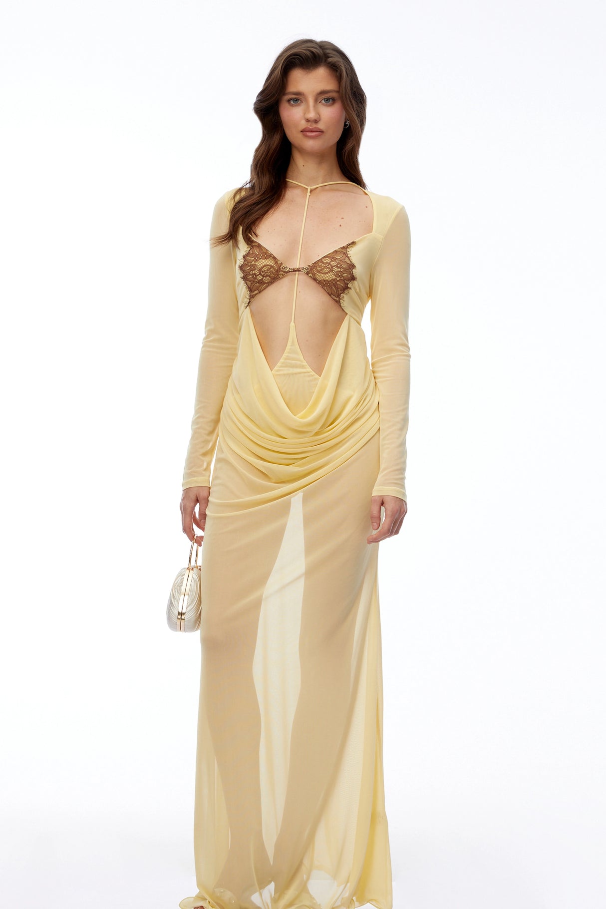 Cressida Yellow CutOut SemiSheer Fishtail Maxi Dress