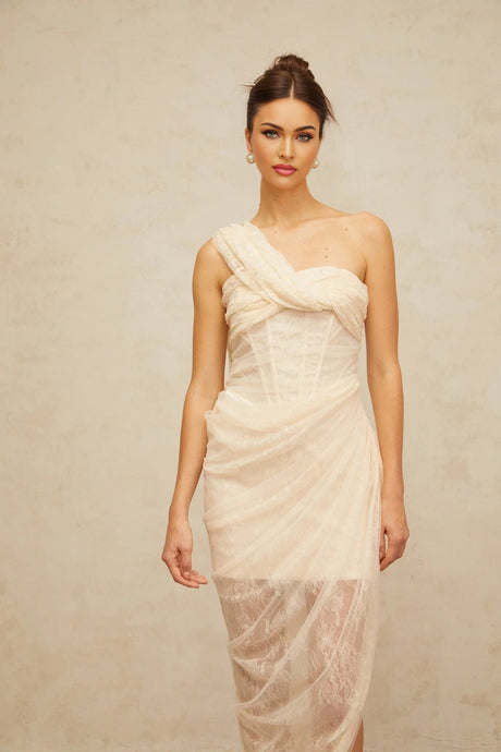 Cristiana Midi Dress Floral Lace Tulle Panel & Side Slit