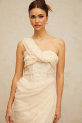 Cristiana Midi Dress Floral Lace Tulle Panel & Side Slit
