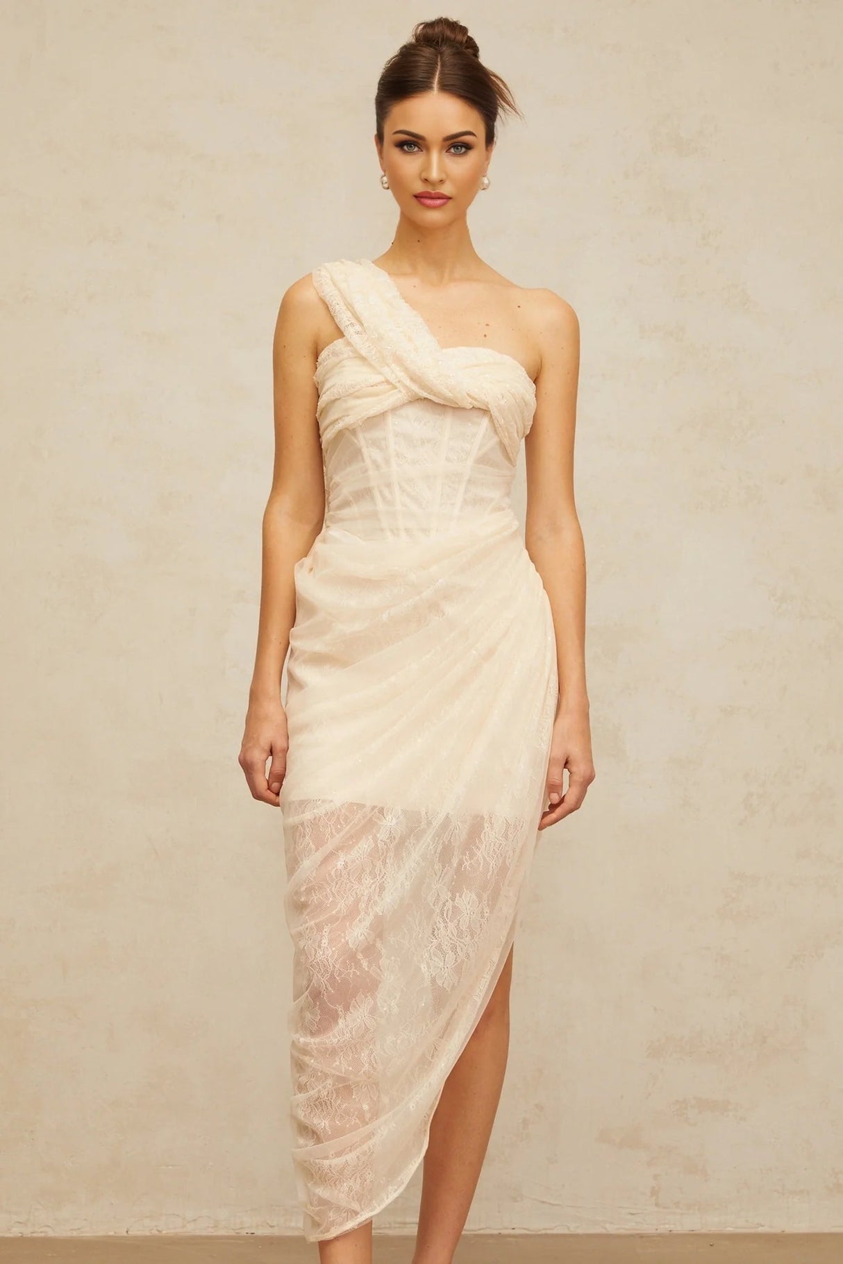Cristiana Midi Dress Floral Lace Tulle Panel & Side Slit