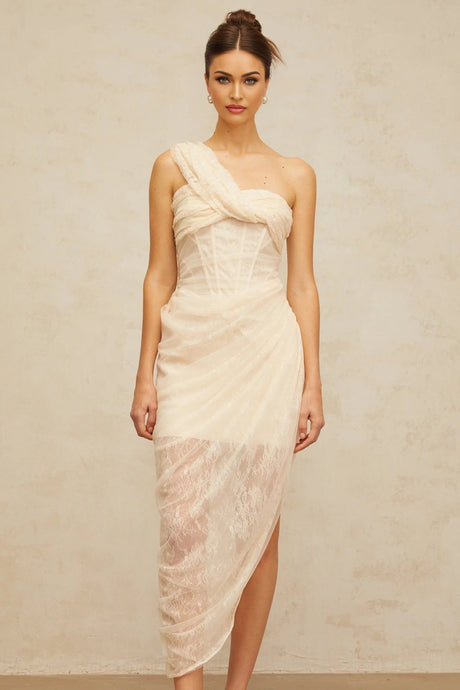 Cristiana Midi Dress Floral Lace Tulle Panel & Side Slit