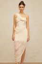 Cristiana Midi Dress Floral Lace Tulle Panel & Side Slit
