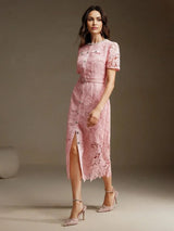 Cristiana Midi Dress - Round Neck - Puff Sleeve - High Waist - Elegant Style - All Over Print