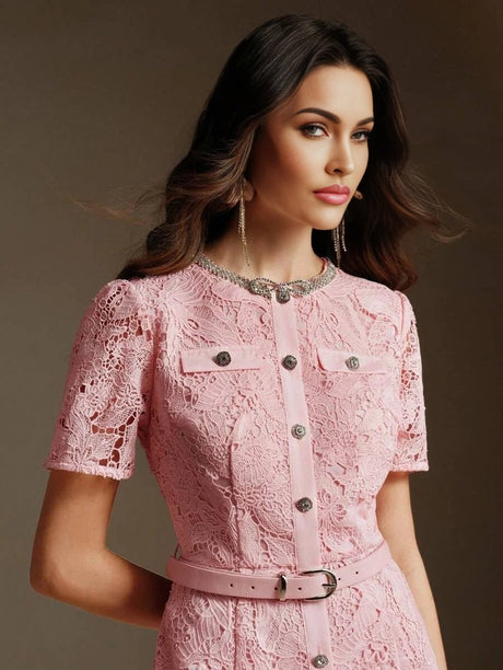 Cristiana Midi Dress - Round Neck - Puff Sleeve - High Waist - Elegant Style - All Over Print