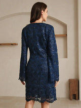 Cristina Midi Dress - V Neckline - Flared Hem - High Waist - Contrast Sequin - Sheer Split