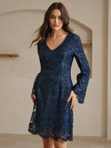 Cristina Midi Dress - V Neckline - Flared Hem - High Waist - Contrast Sequin - Sheer Split