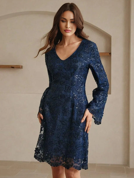 Cristina Midi Dress - V Neckline - Flared Hem - High Waist - Contrast Sequin - Sheer Split