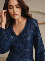 Cristina Midi Dress - V Neckline - Flared Hem - High Waist - Contrast Sequin - Sheer Split