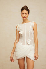 Cristina Mini Dress White Floral Appliqu Ruched Cinched Waist Silhouette Zip Length