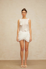 Cristina Mini Dress White Floral Appliqu Ruched Cinched Waist Silhouette Zip Length