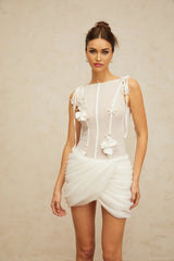 Cristina Mini Dress White Floral Appliqu Ruched Cinched Waist Silhouette Zip Length
