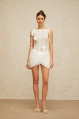 Cristina Mini Dress White Floral Appliqu Ruched Cinched Waist Silhouette Zip Length