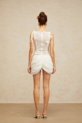 Cristina Mini Dress White Floral Appliqu Ruched Cinched Waist Silhouette Zip Length