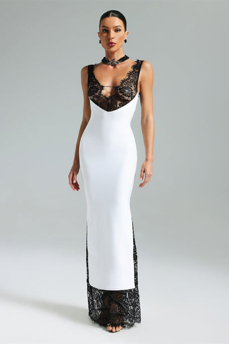 Cristina White Lace Maxi Dress V Neckline Body-Hugging Silhouette Formal Glamorous Events