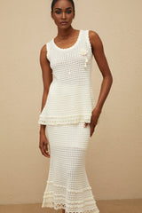 Crochet Top & Skirt - Sleeveless - Floral Appliqué - Peplum Waist - Flared Hem - Lace Trim