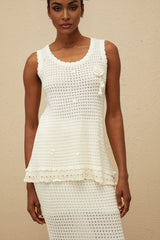 Crochet Top & Skirt - Sleeveless - Floral Appliqué - Peplum Waist - Flared Hem - Lace Trim