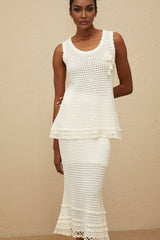 Crochet Top & Skirt - Sleeveless - Floral Appliqué - Peplum Waist - Flared Hem - Lace Trim