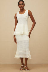 Crochet Top & Skirt - Sleeveless - Floral Appliqué - Peplum Waist - Flared Hem - Lace Trim