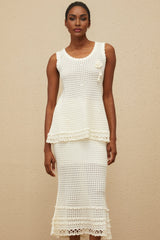 Crochet Top & Skirt - Sleeveless - Floral Appliqué - Peplum Waist - Flared Hem - Lace Trim