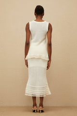 Crochet Top & Skirt - Sleeveless - Floral Appliqué - Peplum Waist - Flared Hem - Lace Trim