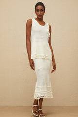 Crochet Top & Skirt - Sleeveless - Floral Appliqué - Peplum Waist - Flared Hem - Lace Trim