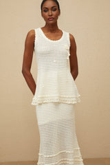 Crochet Top & Skirt - Sleeveless - Floral Appliqué - Peplum Waist - Flared Hem - Lace Trim