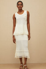 Crochet Top & Skirt - Sleeveless - Floral Appliqué - Peplum Waist - Flared Hem - Lace Trim