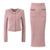 Cropped Cardigan and Pencil Skirt Set - Beaded Collar and Pocket Details for a Chic Look