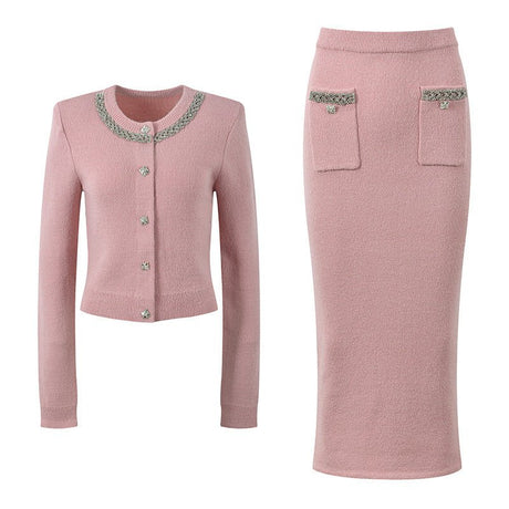Cropped Cardigan and Pencil Skirt Set - Beaded Collar and Pocket Details for a Chic Look