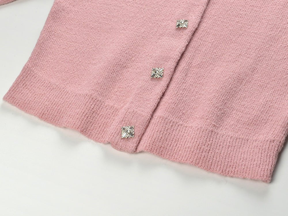 Cropped Cardigan and Pencil Skirt Set - Beaded Collar and Pocket Details for a Chic Look