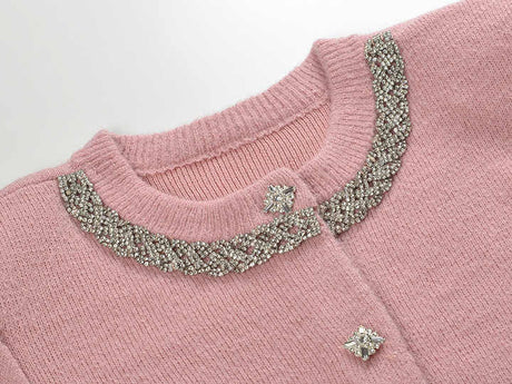 Cropped Cardigan and Pencil Skirt Set - Beaded Collar and Pocket Details for a Chic Look