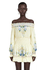 Crystal Yellow Off Shoulder Floral Print Mini Dress