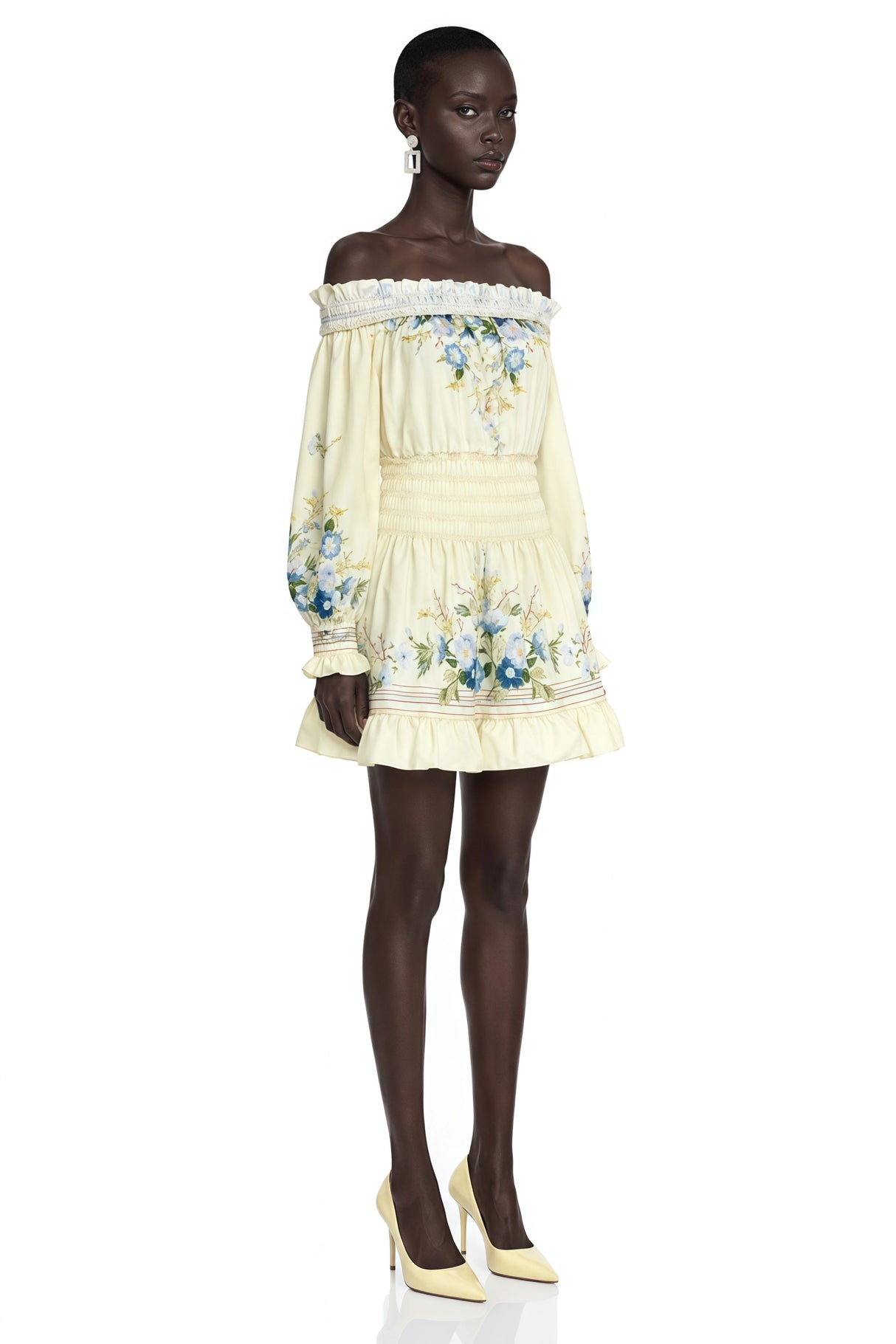 Crystal Yellow Off Shoulder Floral Print Mini Dress