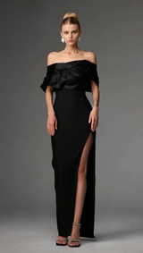 Cynthia Black Off-Shoulder Pleated Maxi Dress with Thigh-High Slit
