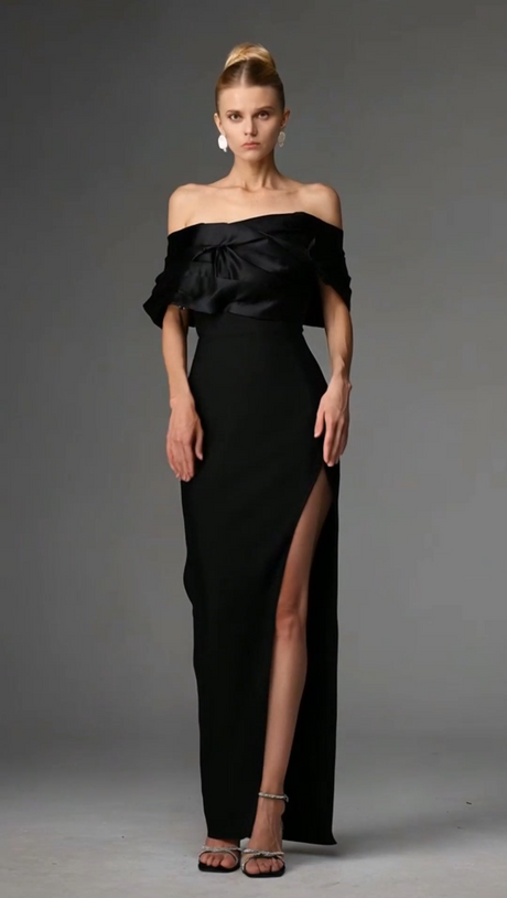 Cynthia Black Off-Shoulder Pleated Maxi Dress with Thigh-High Slit