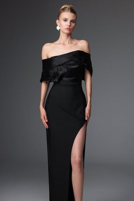 Cynthia Black Off-Shoulder Pleated Maxi Dress with Thigh-High Slit