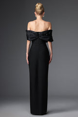 Cynthia Black Off-Shoulder Pleated Maxi Dress with Thigh-High Slit
