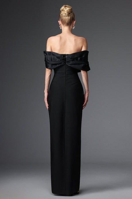 Cynthia Black Off-Shoulder Pleated Maxi Dress with Thigh-High Slit