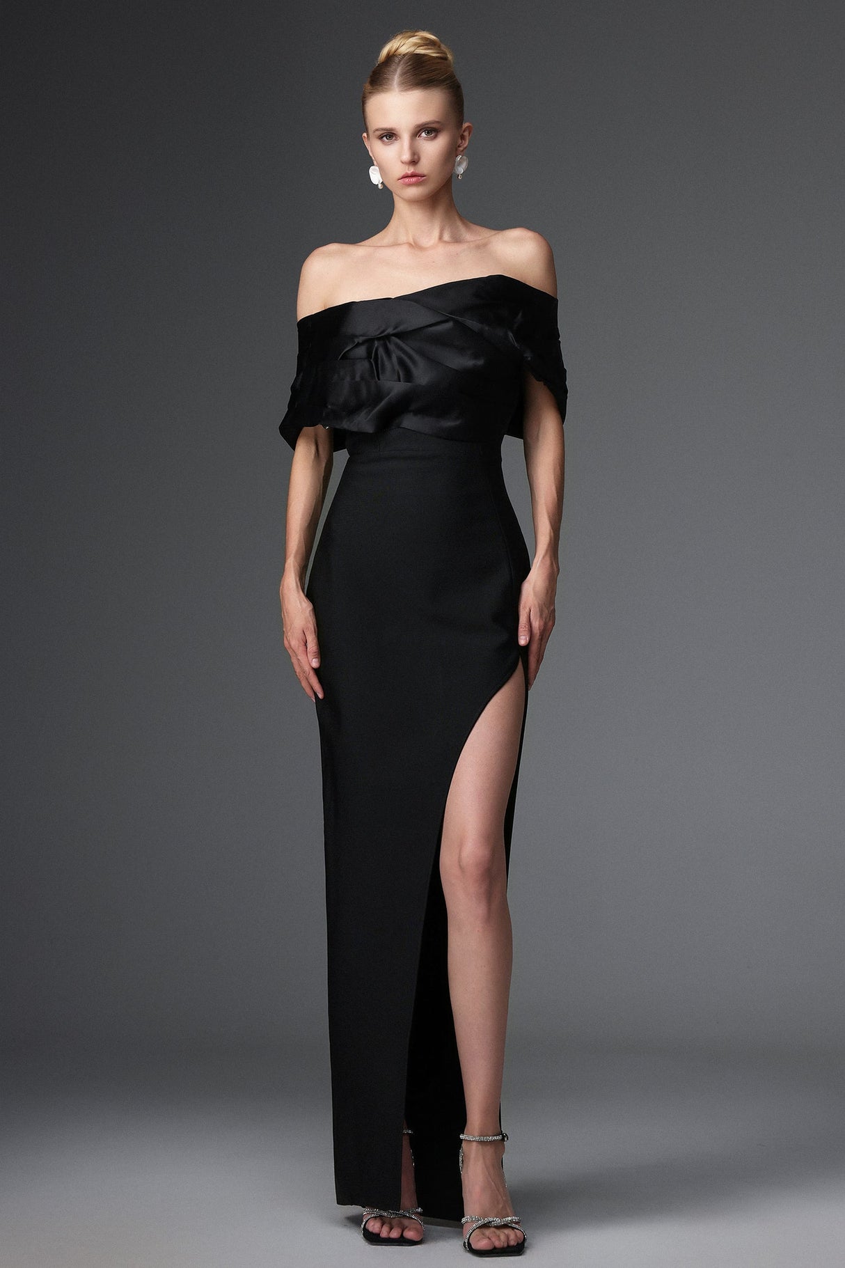 Cynthia Black Off-Shoulder Pleated Maxi Dress